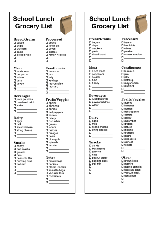 School Lunch Grocery List Template Printable pdf