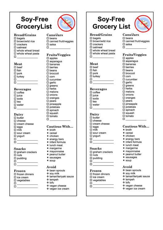 Soy-Free Grocery List Template Printable pdf
