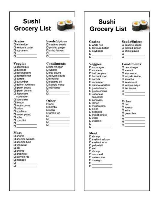 Sushi Grocery List Template Printable pdf