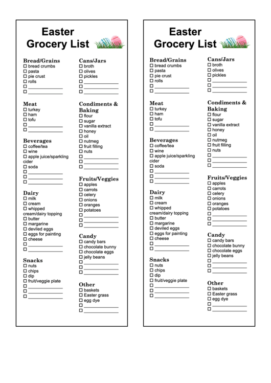 Easter Grocery List Template Printable pdf