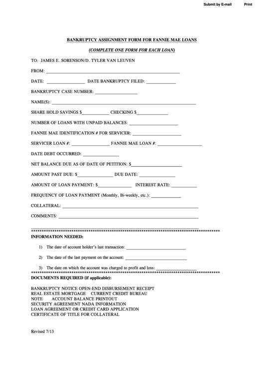 Fillable Bankruptcy Assignment Form For Fannie Mae Loans Printable pdf