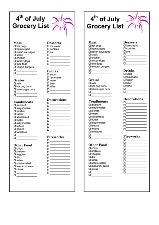 4th Of July Grocery List Template Printable pdf