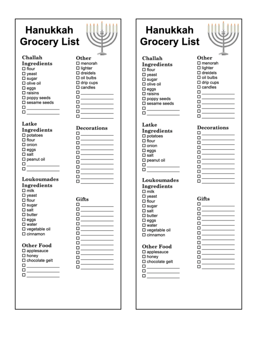 Hanukkah Grocery List Template Printable pdf