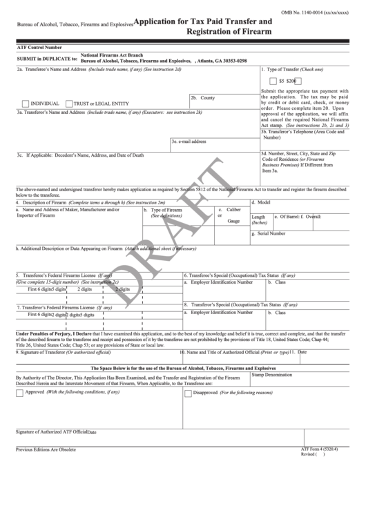 Application For Tax Paid Transfer And Registration Of Firearm Printable pdf