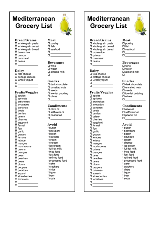 Mediterranean Grocery List Template Printable pdf