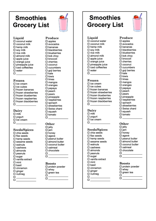 Smoothies Grocery List Template Printable pdf