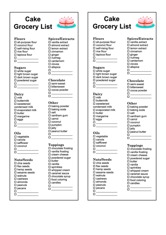 Cake Grocery List Template Printable pdf