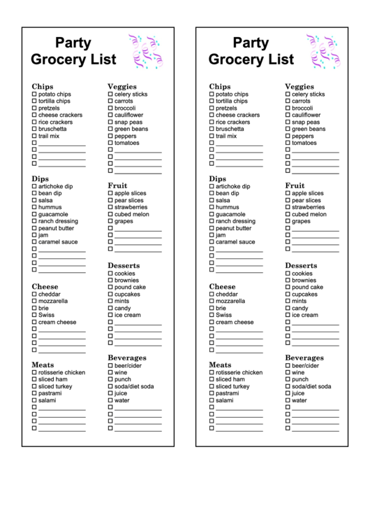 Party Grocery List Template Printable pdf
