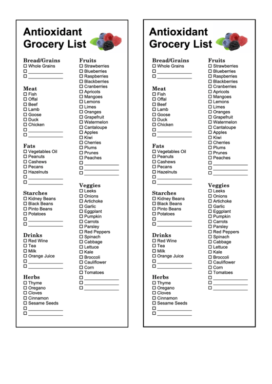 Antioxidants Grocery List Template Printable pdf
