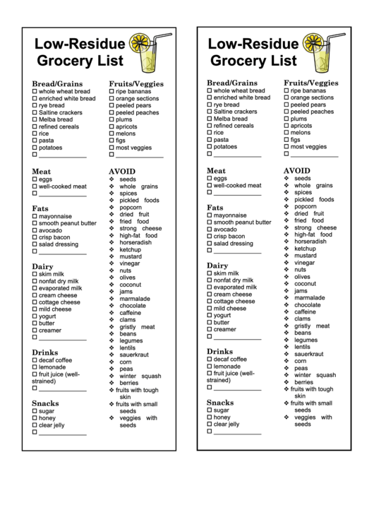Low-Residue Grocery List Template Printable pdf