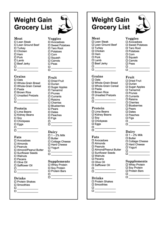 Weight Gain Grocery List Template Printable pdf