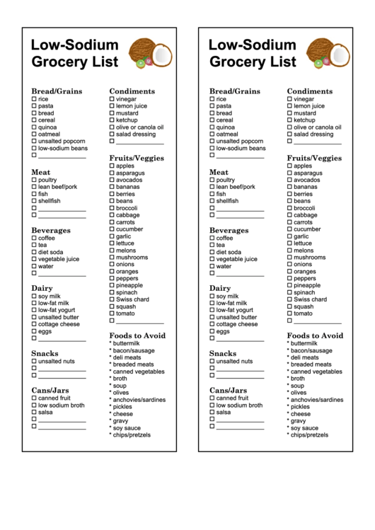 Low Sodium Grocery List Printable Pdf Download