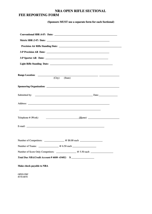 Nra Open Rifle Sectional Fee Reporting Form Printable pdf