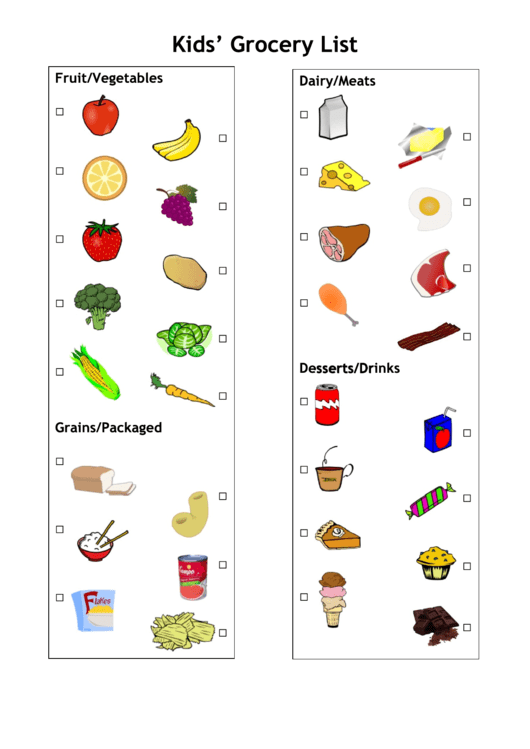 Kids Grocery List Template Printable pdf