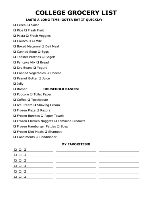 College Grocery List Printable pdf