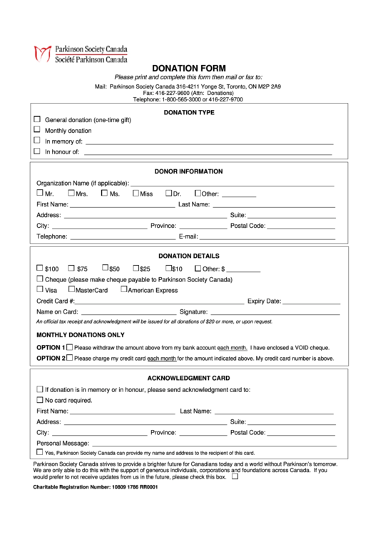 Fillable Parkinson Society Canada Donation Form Printable pdf