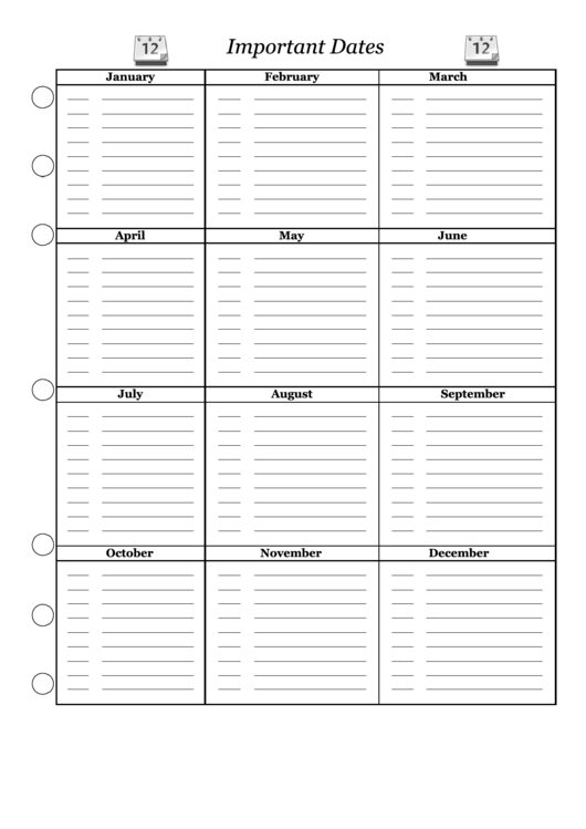 Important Dates Calendar Planner Template Printable pdf