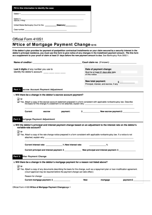 Fillable Official Form 410s1 - Notice Of Mortgage Payment Change Printable pdf