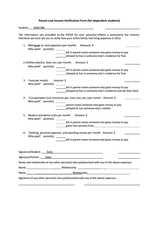 Parent Low Income Verification Form Printable pdf