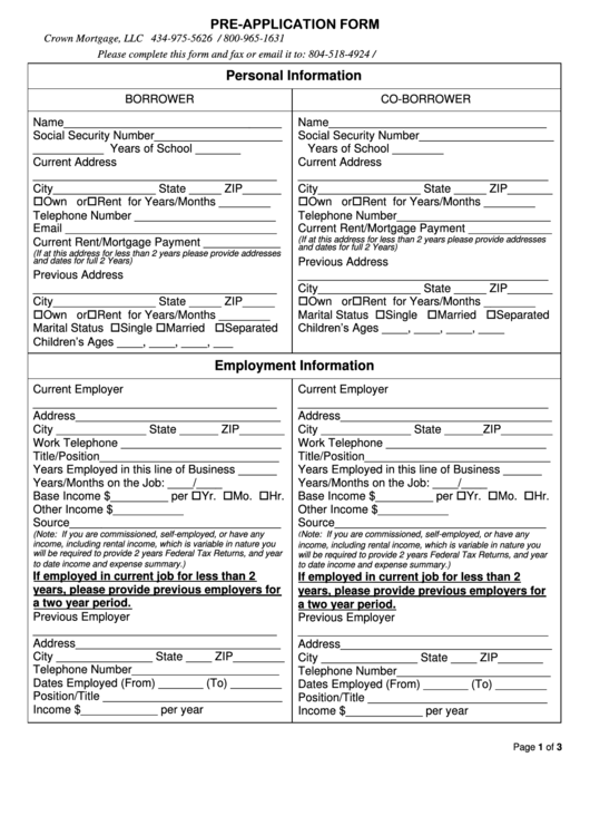 Pre-Application Form Printable pdf