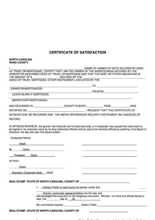 Printable Certificate Of Satisfaction Form