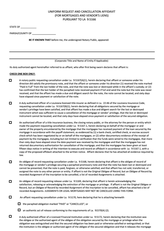 Uniform Request And Cancellation Affidavit Form Printable pdf