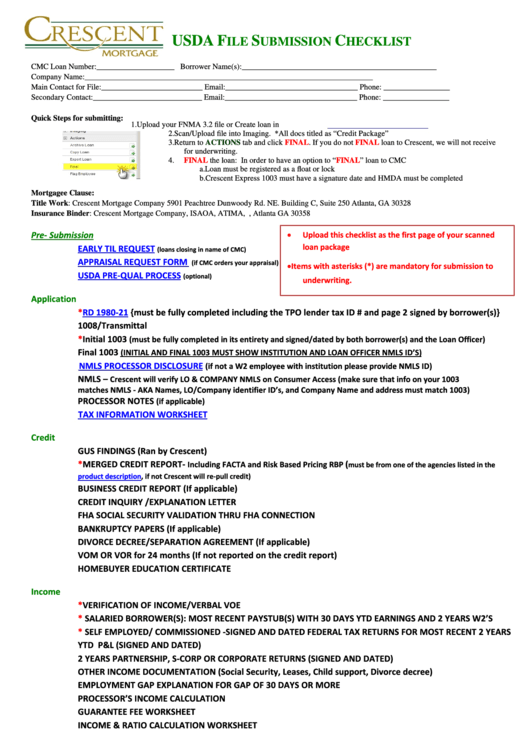 Fillable Usda File Submission Checklist Printable pdf