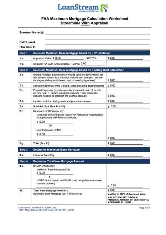 Fillable Fha Maximum Mortgage Calculation Worksheet printable pdf download