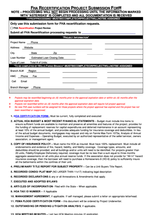 Fha Recertification Project Submission Form Printable pdf