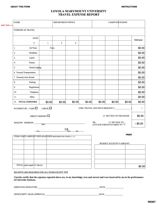 Fillable Loyola Marymount University Travel Expense Report Form Printable pdf