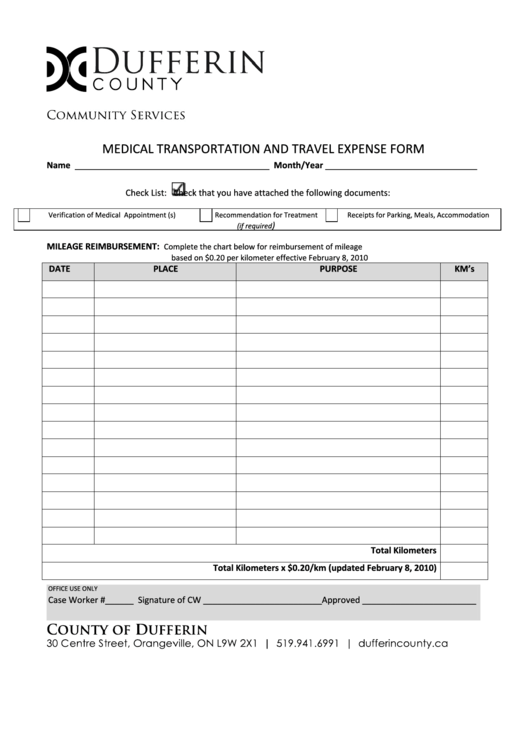 Medical Transportation And Travel Expense Form Printable pdf