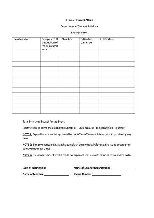 Expense Form - Department Of Student Activities Printable pdf
