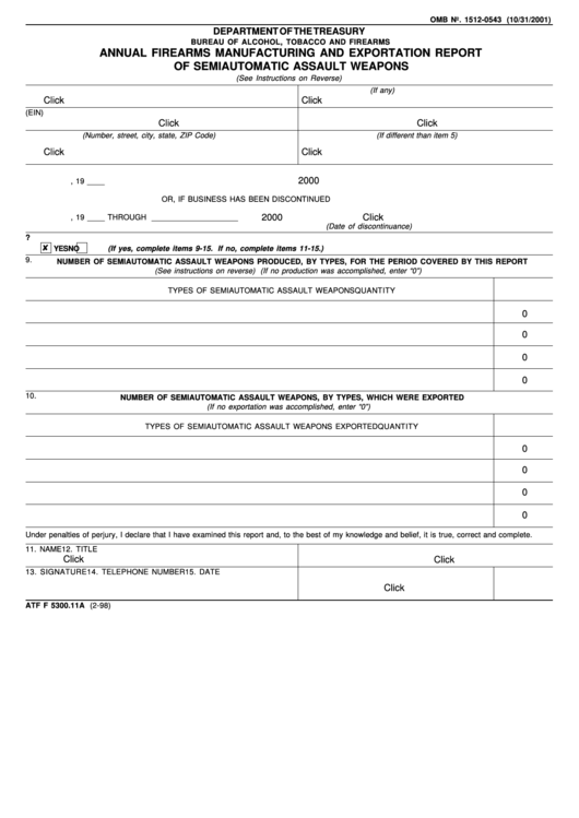 Fillable Form Atf F 5300.11a - Annual Firearms Manufacturing And Exportation Report Of Semiautomatic Assault Weapons Printable pdf