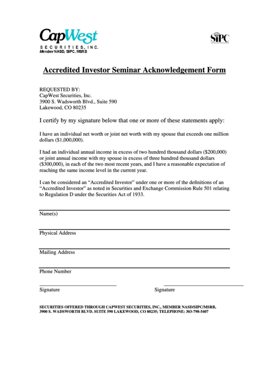 Accredited Investor Seminar Acknowledgement Form Printable pdf