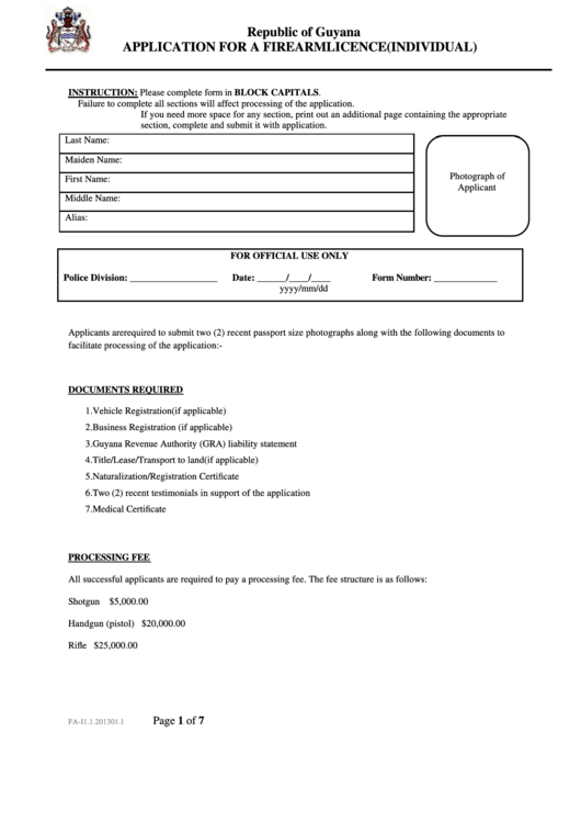 Application For A Firearm Licence (Individual) - Republic Of Guyana Printable pdf