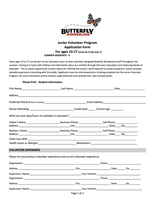 Junior Volunteer Program Application Form Printable pdf