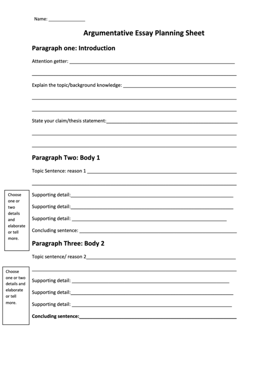 Argumentative Essay Planning Sheet printable pdf download