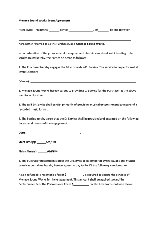 Menace Sound Works Event Agreement Printable pdf