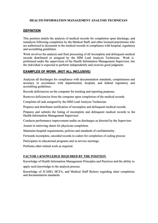 Health Information Management Analysis Technician Job Description Form Printable pdf