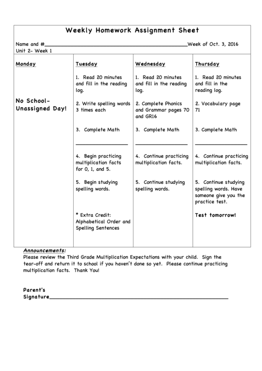 Weekly Homework Assignment Sheet Printable pdf