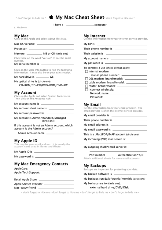 Personal Mac Cheat Sheet Template Printable pdf