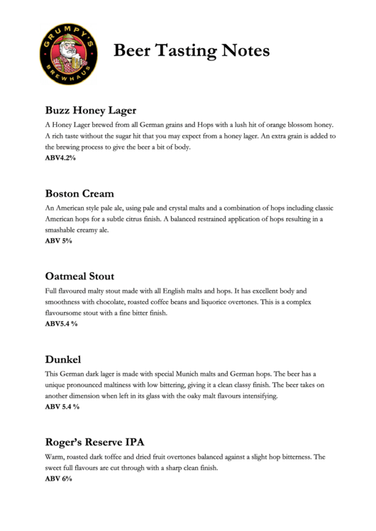 Beer Tasting Notes Printable pdf
