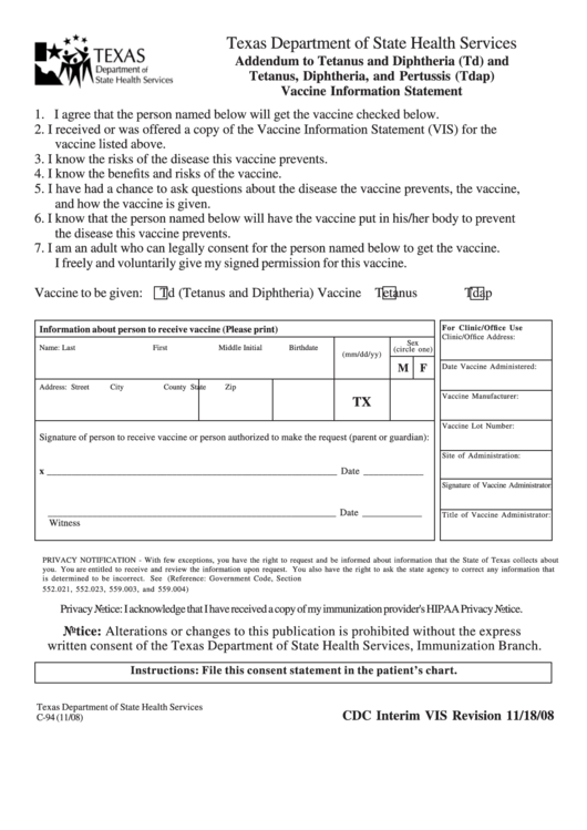Form C-94 - Texas Department Of State Health Services Addendum To Tetanus And Diphtheria (Td) And Tetanus, Diphtheria, And Pertussis (Tdap) Vaccine Information Statement Printable pdf