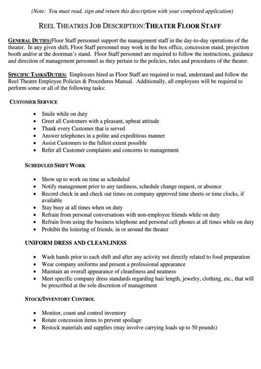 Job Description: Theater Floor Staff Printable pdf