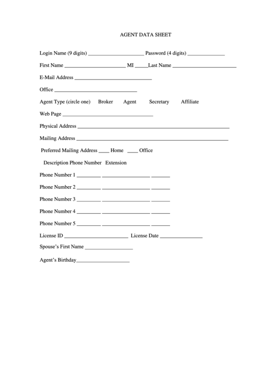 Agent Date Sheet Printable pdf