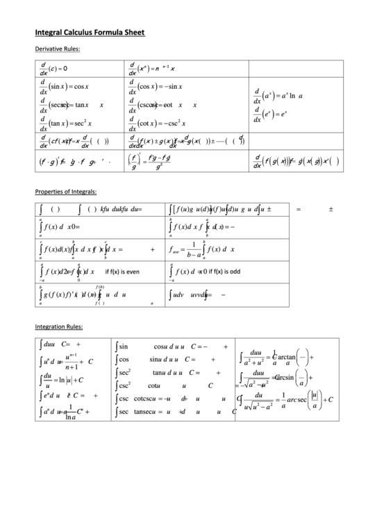 Integral Calculus Formula Sheet printable pdf download