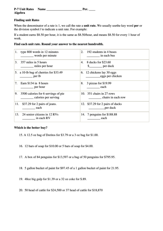Finding Unit Rates Algebra Worksheets printable pdf download