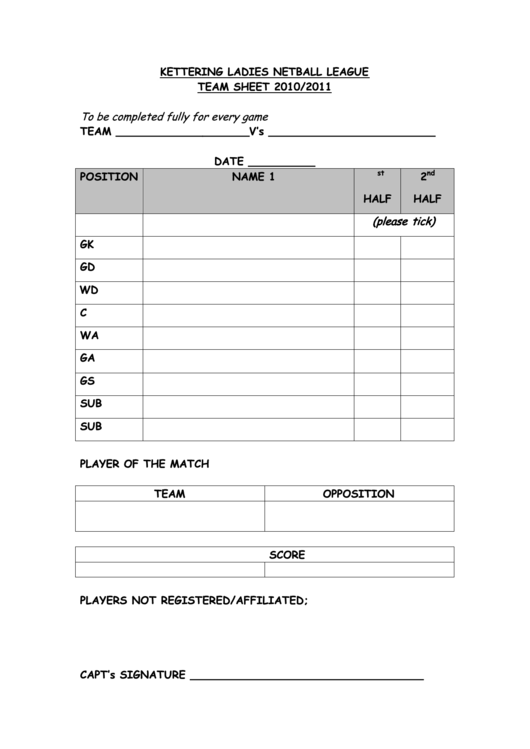 Kettering Ladies Netball League Team Sign Up Sheet Printable Pdf Download