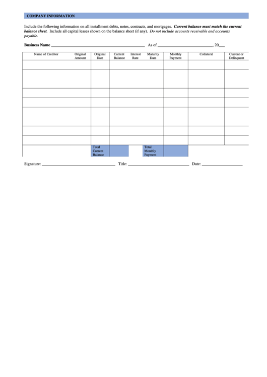 Business Debt Schedule Template Printable pdf