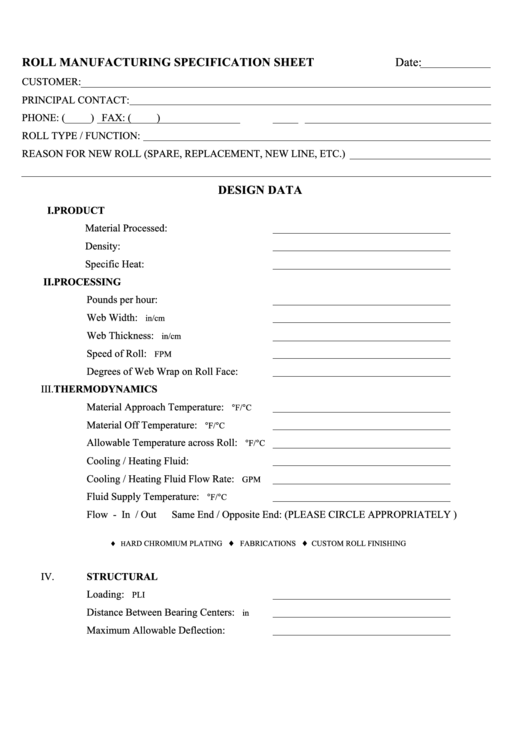 Roll Manufacturing Specification Sheet Printable pdf